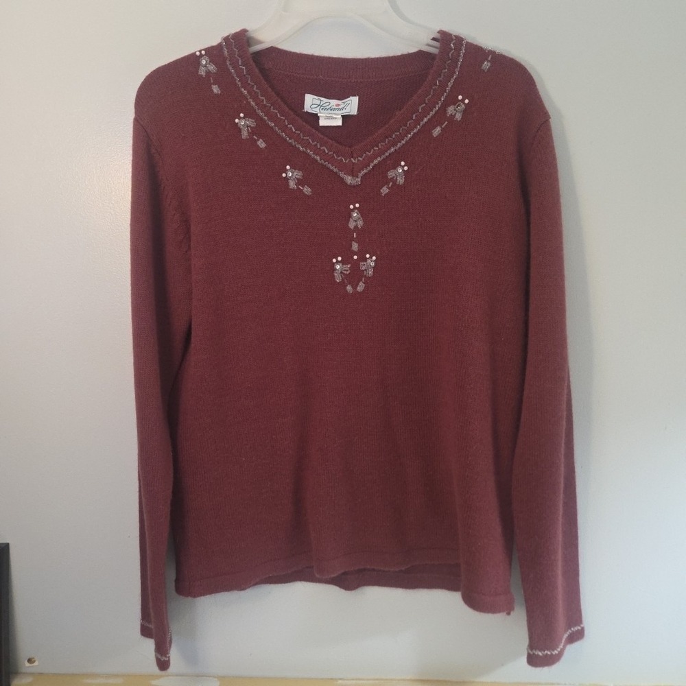 Haband Women's Med Floral Embroidered Sweater Pull Over Top Long Sleeve Maroon